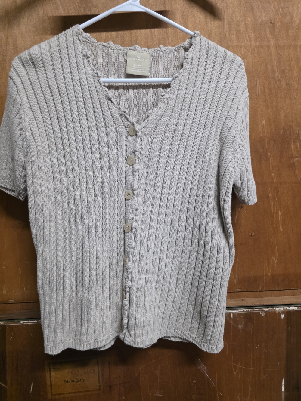 ​Vintage Partners Ramie Cotton Knit Cardigan Short Sleeve Beige Crochet Trim M